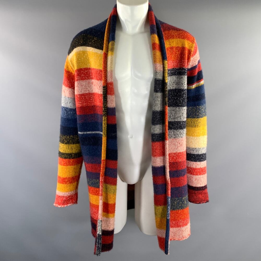 THE ELDER STATESMAN Size M Orange Yellow & Blue Stripe Cashmere Cardigan